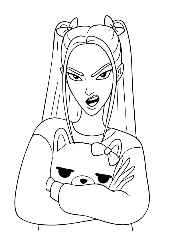 Fierce Kpop Demon Hunter Mira with crossed arms wearing a cute bear shirt – kids coloring page