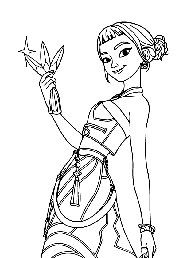 Smiling Kpop Demon Hunter Zoey holding a star-shaped blade in warrior outfit – printable coloring page