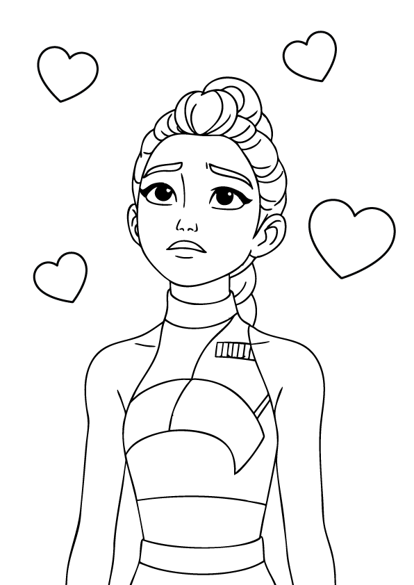 Kpop Demon Hunter Rumi surrounded by hearts with a thoughtful expression – coloring page for kids