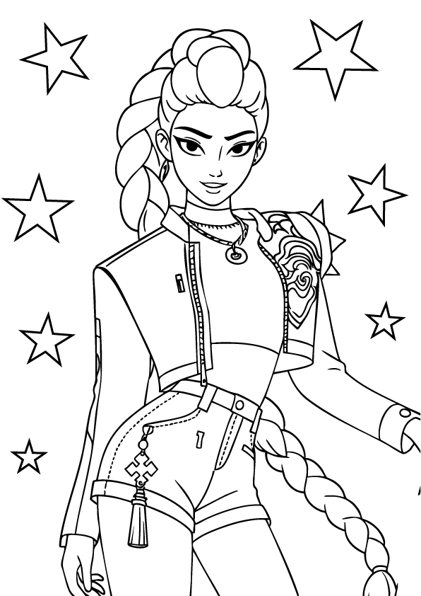 Rumi wearing a jacket with braided hair and stars – printable coloring page