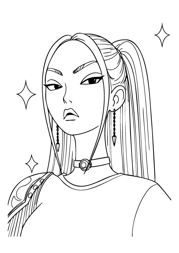 Stylish Kpop Demon Hunter Mira long ponytail, choker necklace and sparkles – printable coloring sheet