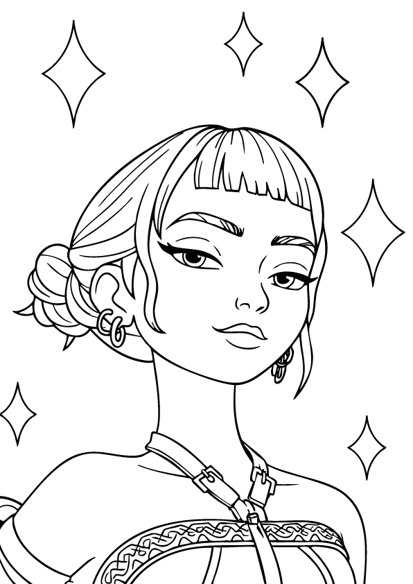 Kpop Demon Hunter Zoey with short bangs and warrior outfit surrounded by sparkles – coloring page for kids