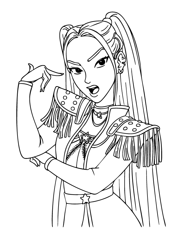 Kpop Demon Hunter Mira in a fringed stage costume striking a dance pose – free coloring page printable