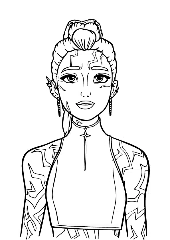 Kpop Demon Hunter with tribal face and body markings and a star necklace – coloring page for kids