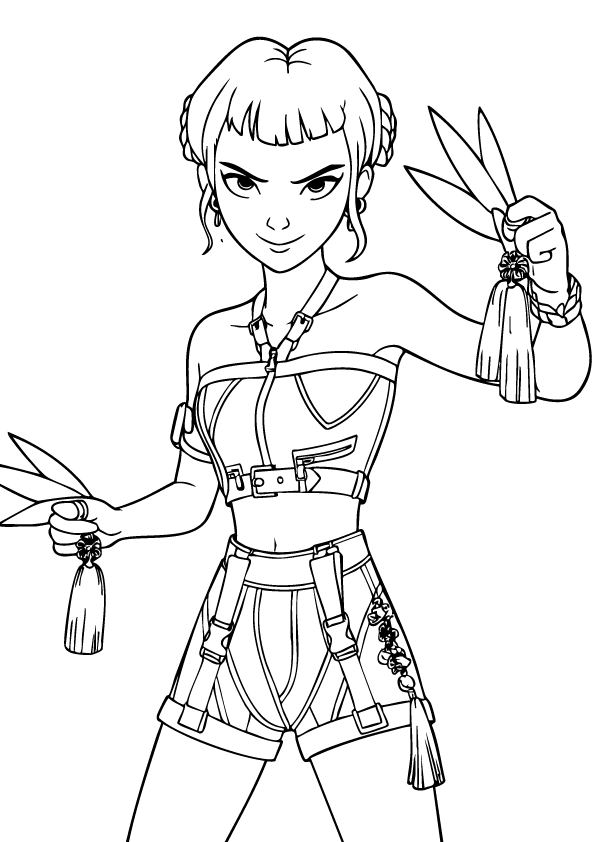 Zoey holding throwing blades in action pose – free printable coloring page