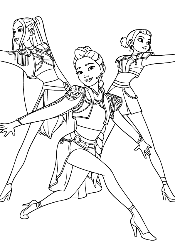 Kpop Demon Hunters performing a dance choreography in stage outfits – printable coloring sheet