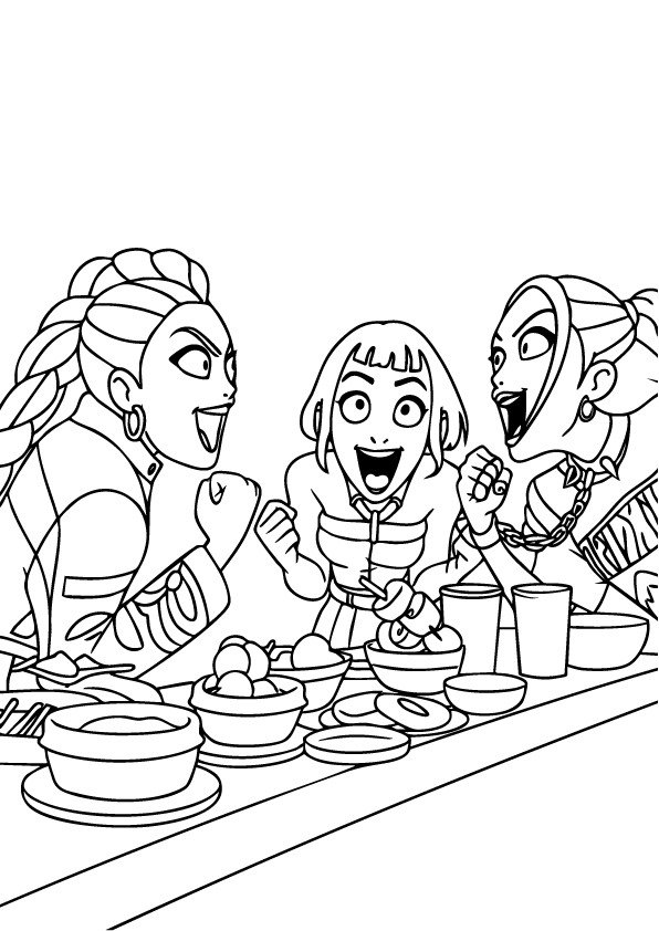 Kpop Demon Hunters trio enjoying a fun meal together at the table – coloring page printable