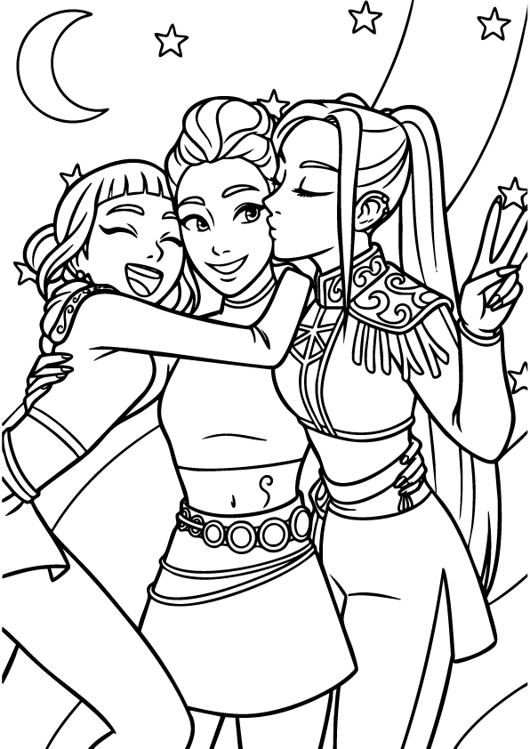 Kpop Demon Hunters friends hugging under a starry moonlit sky – free printable coloring sheet