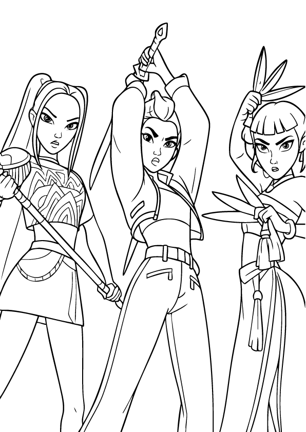 Kpop Demon Hunters trio in battle-ready pose with weapons drawn – free printable coloring page