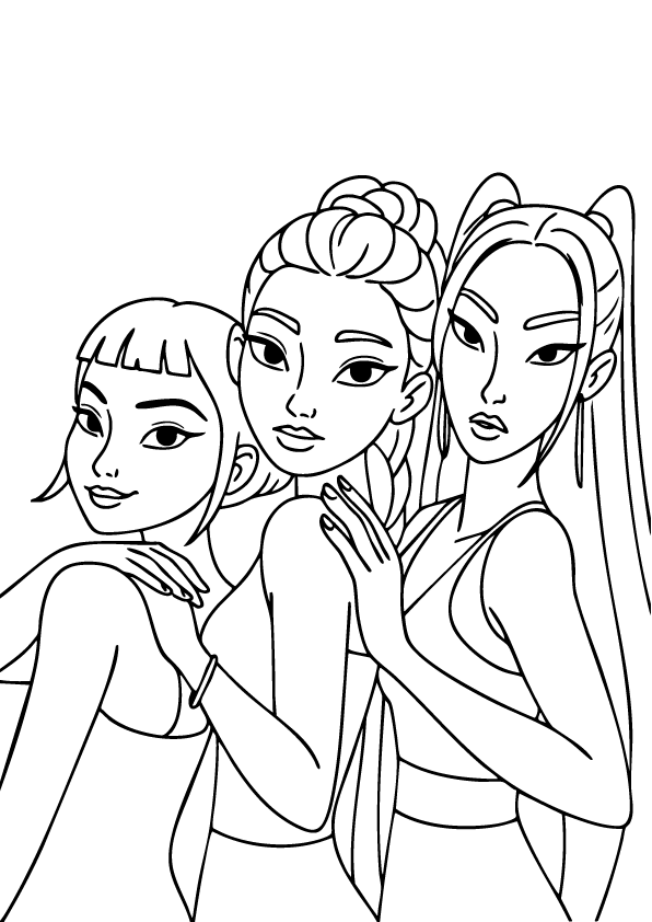 Close-up portrait of three Kpop Demon Hunters characters posing together – coloring page printable