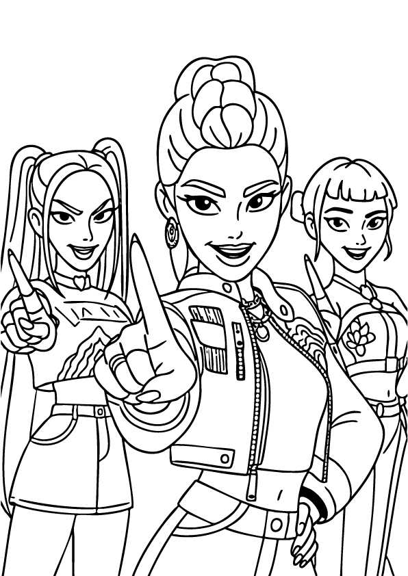 Kpop Demon Hunters trio striking a confident pose together – printable coloring page for kids