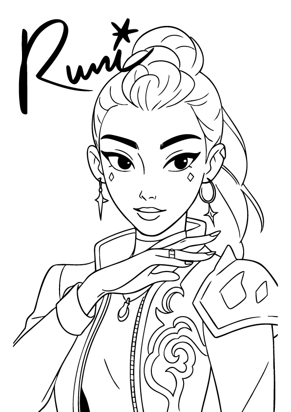 Rumi from Kpop Demon Hunters with star earrings and stylish outfit – free printable coloring sheet