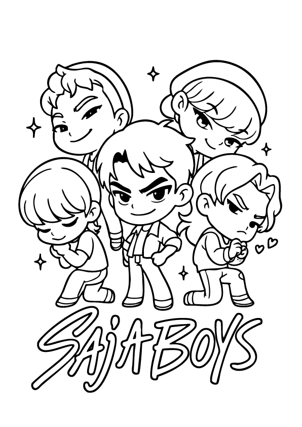 Cute chibi Saja Boys boy band from Kpop Demon Hunters – free printable coloring page for kids