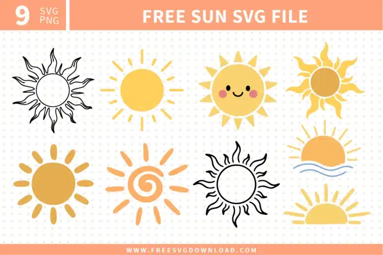 A collection of 9 free svg files featuring various sun designs for summer. The set includes a smiling kawaii sun with rosy cheeks, tribal-style sun bursts with wavy rays, a minimalist spiral sun, and several sunset icons over ocean waves. The color palette features bright yellow, warm orange, and black outlines, perfect for seasonal DIY crafts.