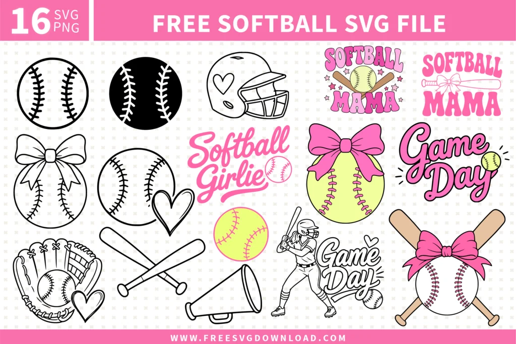 Free softball SVG bundle with 16 designs including Softball Mama, Softball Girlie, Game Day softball player, softball bow, crossed bats and glove SVG files for Cricut and Silhouette
