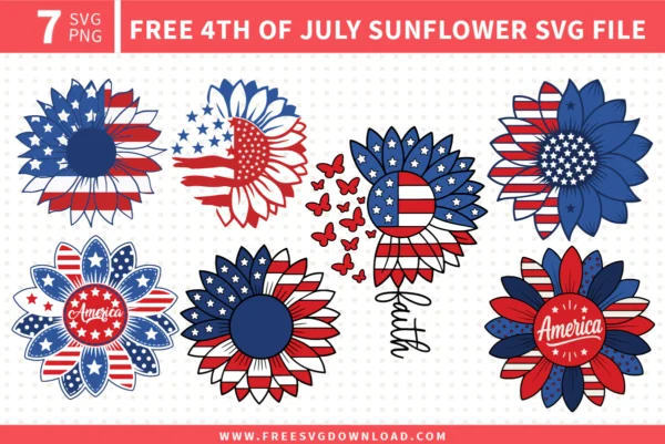 Seven patriotic 4th of July sunflower SVG files in red, white and blue, including American flag, butterfly, and America designs for Cricut and Silhouette crafts