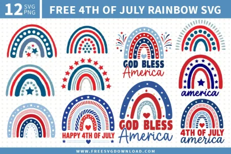 Eleven free 4th of July rainbow SVG files including God Bless America, Happy 4th of July, and patriotic boho rainbow designs in red, white, and blue for Cricut and Silhouette.
