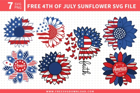 Seven patriotic 4th of July sunflower SVG files in red, white and blue, including American flag, butterfly, and America designs for Cricut and Silhouette crafts