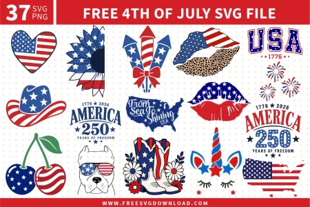 37 free svg files for the 4th of July featuring patriotic unicorn faces, American flag lips, a USA map with states, fireworks, and a cool bulldog in flag sunglasses, all designed in bold red, white, and blue colors for high-quality Cricut and Silhouette projects.