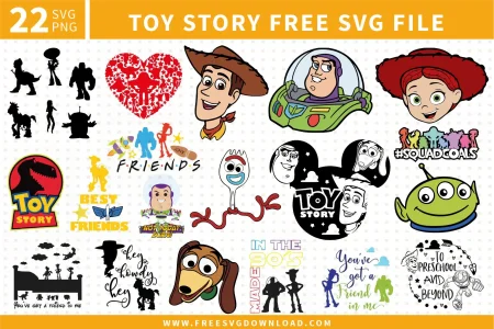 Free Toy Story SVG designs showing Toy Story character silhouettes, friendship quotes, squad themed text, and iconic movie inspired graphics