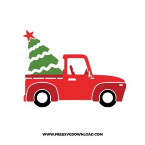 Red Pickup with Christmas Tree
